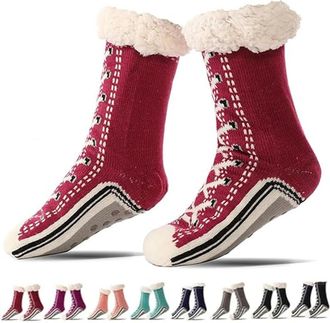 Generic Ultra-Thick Cashmere Slipper Home Socks, Women Non-Slip Fluffy Soft Warm Winter Socks with Grippers for Winter Indoor (Red)