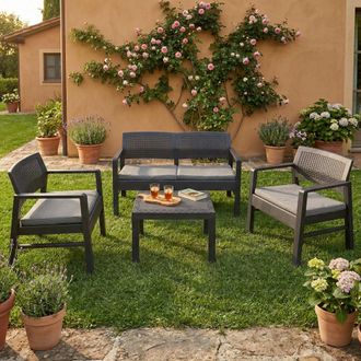 Dmora Sal&oacute;n De Jard&iacute;n Carpi, Conjunto De Jard&iacute;n Con 2 Sillones, 1 Sof&aacute; Y 1 Mesa De Centro, Zona De Estar Efecto Rat&aacute;n Con Cojines, 100% Made In Italy, Antra
