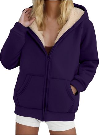 Generic Full Zip Hooded Jackets for Women UK, Ladies Hoodies with Zip, Warm Sherpa fleece Lined Coat with Pockets, Womens Teddy Fleece Hoodie Sweatshirts