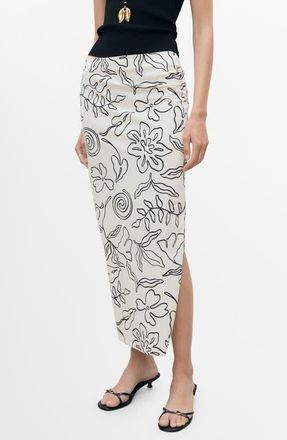 Mango Doodle Print Cotton Blend Midi Skirt in Ecru at Nordstrom, Size 10