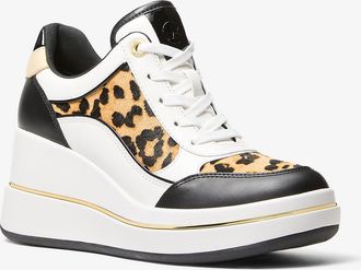 Michael Kors Emmy Leather and Leopard Print Calf Hair Wedge Trainer