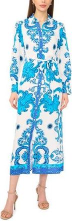 Halogen Print Long Sleeve Belted Shirtdress in Blue Multi at Nordstrom Rack, Size X-Small