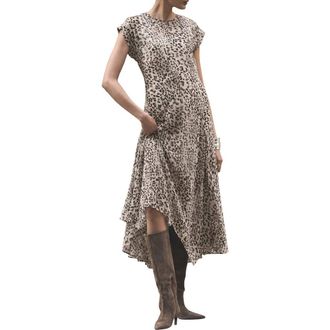 Mint Velvet Leopard Print Cap Sleeve Midi Dress in Camel at Nordstrom, Size 10