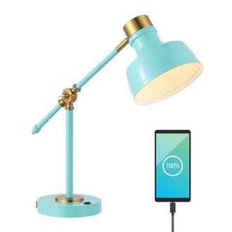 Jonathan Y Designs Allegra Classic Farmhouse Adjustable Cantilever LED Task Lamp with USB Charging Port in Cyan/brass Gold at Nordstrom