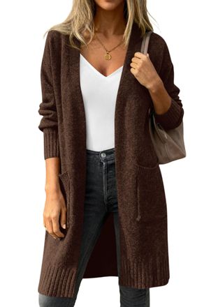PrettyGarden Womens Long Oversized Cardigans 2026 Fall Trendy Long Sleeve Open Front Chunky Sweater Knit Winter Clothing, Brown, Small
