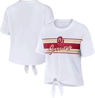 WEAR by Erin Andrews Womens WEAR by Erin Andrews White Oklahoma Sooners Striped Front Knot Cropped T-Shirt at Nordstrom, Size Xx-Large