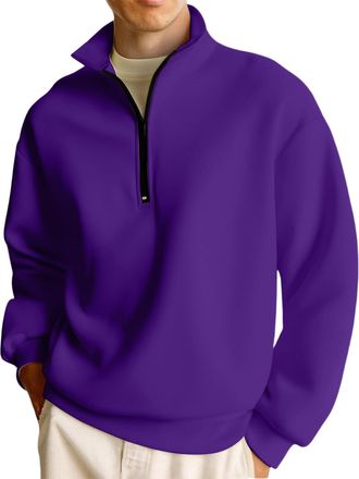Generic Mens Half Zip Pullover Sweatshirt, Warm Fleece Lined Quarter Zip Jumper with Stand Collar, Casual Long Sleeve Top for Daily & Outdoor Wear Purple