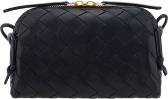 Bottega Veneta Womens Concert Shoulder Bag Black-Gold Calf Leather Make Up Black/gold