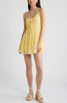 BP. Ruffle Tie Front Tiered Mini Sundress in Yellow Popcorn Edit Dot at Nordstrom, Size Xx-Small