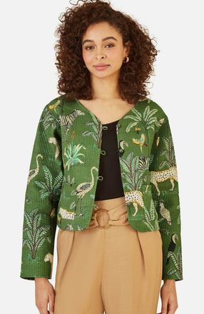 Yumi Animal Reversible Cropped Quilted Jacket in Green at Nordstrom, Size 12