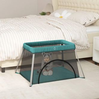 vidaXL Parque Infantil Para Beb&eacute;s Con Colch&oacute;n Tela Lino Verde Vidaxl