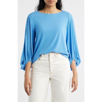 Wit & Wisdom Stripe Balloon Sleeve Knit Top in Mediterranean Blue at Nordstrom, Size X-Large
