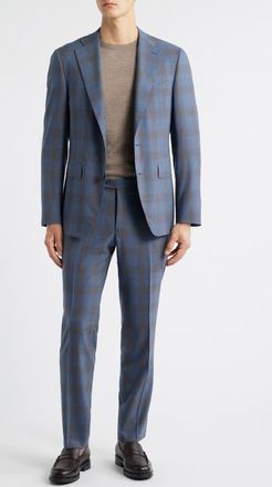 Canali Capri Trim Fit Blue & Brown Plaid Wool Suit at Nordstrom, Size 42 Us