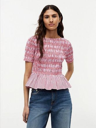 Tommy Hilfiger Smock Stripe Ruffle Boat Neck Top