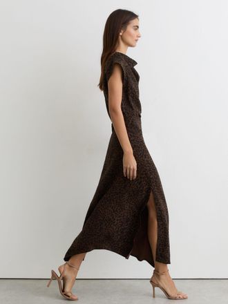 Reiss Black & brown Animal-print Draped Midi Dress, 14