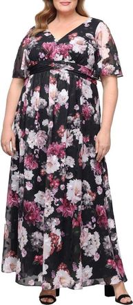 Alex Evenings Floral Flutter Sleeve Burnout Chiffon Cocktail Dress in Black Multi at Nordstrom, Size 22W
