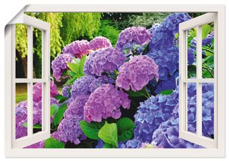 Artland Wandbild »Fensterblick Hortensien im Garten« 1 Stk. tlg. als Leinwandbild, Poster in verschied. Grössen