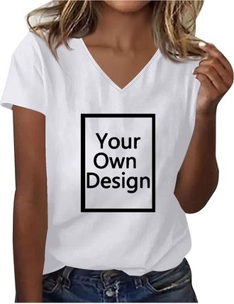 Generic Womens Custom T Shirt Personalised Photo Text Logo Print V Neck Short Sleeve Summer Tee Design Your Own Top Custom Photo Tee UK White