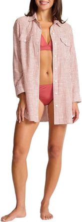 Tommy Bahama Shoreline Stripe Cotton Cover-Up Shirtdress in Deep Sienna at Nordstrom, Size X-Large