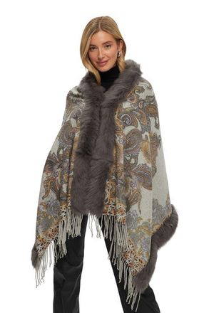 Gorski Double Faced Cashmere Stole With Toscana Lamb Tape Top And Bottom in Gray Paisley/animal Print at Nordstrom