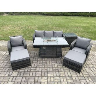 Fimous Fimous Wicker Rattan Garden Furniture Sofa Set Gas Fire Pit Dining Table Indoor Outdoor with Side Table Chair 2 Big Footstool