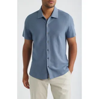 Robert Barakett Sorrell Short Sleeve Cotton Piqu&eacute; Button-Up Shirt in Blue Metallic at Nordstrom, Size Xx-Large