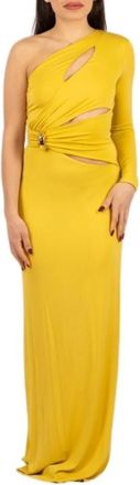 Elisabetta Franchi Rode Loper Jurk in Cr&ecirc;pe Jersey met Juweel Detail - Dames - Avondkleed - Geel - XL - Tule - Kleedjes