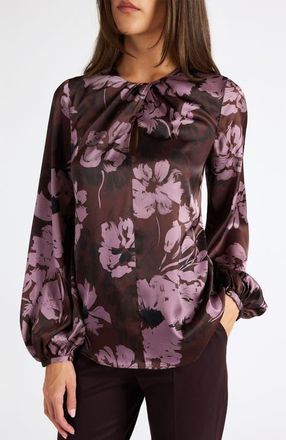 Santorelli Elena Long Sleeve Twist Neck Blouse in Floral Twill Crepe in Raisin at Nordstrom, Size 14
