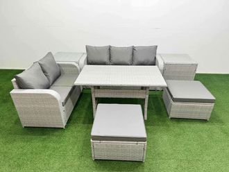Fimous 7 Seater PE Rattan Wicker Garden Furniture Patio Conservatory Sofa Set w/ Rectangular Dining Table 3 Seater Sofa Love Sofa 2 Big Footstool 2