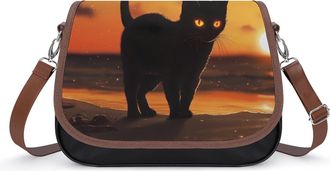 Generic Black Cat Beach Sunset Small Womens Crossbody Bags Shoulder Handbag with Adjustable Strap for Travel