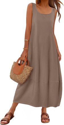 Merokeety Womens Casual Maxi Sundress 2025 Summer Beach Dress Scoop Neck Sleeveless Loose Tank Dress, Mocha, L