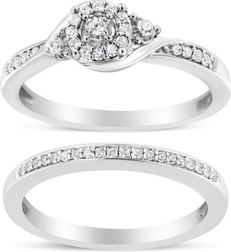House of Brilliance 925 Sterling Silver 1/4 Cttw Diamond Halo and Swirl Engagement Ring and Wedding Band Set