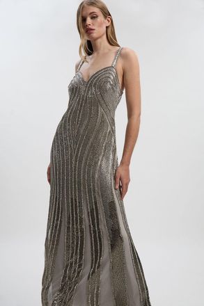 Karen Millen Womens Beaded Contour Sweet Heart Neckline Woven Maxi Dress - Silver - Size 16 UK