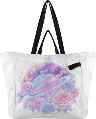 Generic Planet Roses Purple pattern Reusable Canvas Tote Bag, Heavy Duty Grocery Shopping Bag with Large Capacity Double Handles Hard Bottom Work Groceries Tr