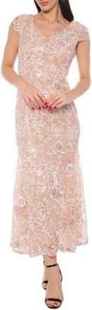 OLEG CASSINI Embroidered Sequin V-Neck Cap Sleeve Mermaid Dress in Champagne at Nordstrom Rack, Size X-Large