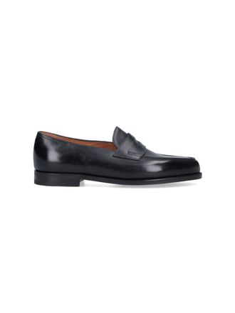 John Lobb Black Leather Slip-On Loafers with Cut-Out Detail
