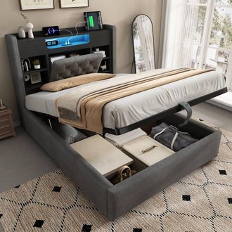 Matteo Upholstered 4ft6 Double Bed Frame - Hydraulic Storage, LED & Charging in Grey