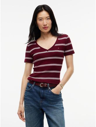 Tommy Hilfiger Womens Striped V-Neck Favorite T-Shirt - Burgundy - XL