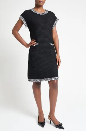 Ming Wang Modern Fit Fringe Trim Tweed Dress in Black/White at Nordstrom, Size Xx-Small