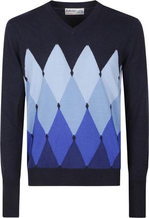 Ballantyne Klassieke Diamant Intarsia Trui - Heren - V-hals truien - Blauw - L - Kasjmier - Truien & Vesten