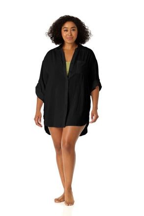 Anne Cole Womens Plus Live In Color Button Down Shirt Swimsuit Cover Up in Black at Nordstrom, Size 20W
