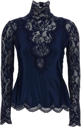 Paco Rabanne Blue Stand Collar Scalloped Lace Top