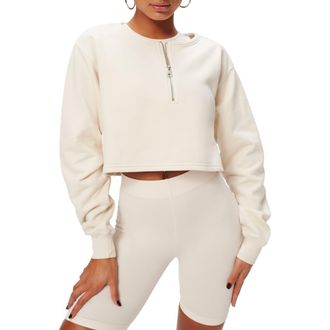 Good American Collarless Half Zip Sweatshirt in Bone001 at Nordstrom, Size 6