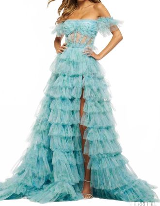 Sherri Hill Ruffle Corset Slit Gown In Aqua Print