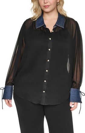 Karl Lagerfeld Crinkle Chiffon Shirt with Denim Trim in Black at Nordstrom, Size 0X