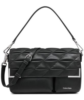 Calvin Klein Womens Mica Organizational Flap Demi Shoulder Bag & Crossbody, Black/Silver Puffy Quilt, One Size