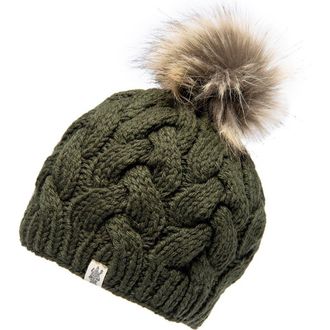 Nirvanna Designs Boheme Cable Beanie w/ Faux Fur Pom in Olive at Nordstrom, Size Medium/large