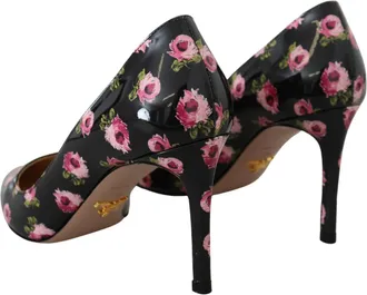 Prada Black Leather Floral Heels Stilettos Womens Pumps