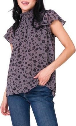 Gibsonlook Smocked Neck Flutter Sleeve Blouse in Shadow Uragiri Flower Print at Nordstrom Rack, Size Xx-Small