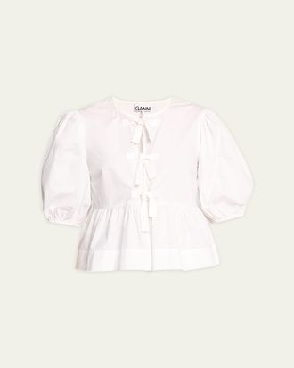 Ganni Poplin Front-Tie Peplum Blouse with Puffed-Sleeves